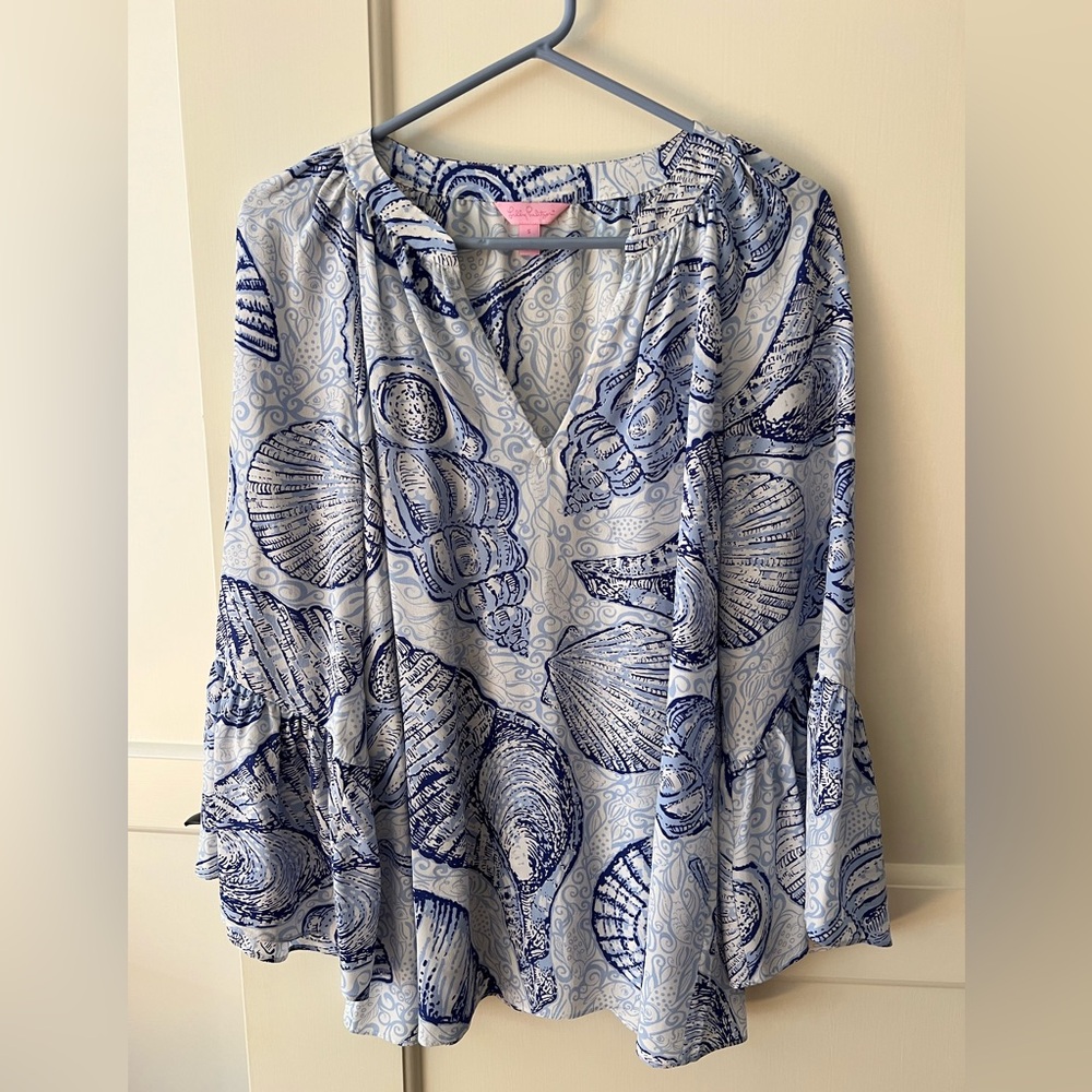 Lilly‎ Pulitzer Women's Matilda 100% Silk Blue Peri Pop Up Shells Blouse sz S
